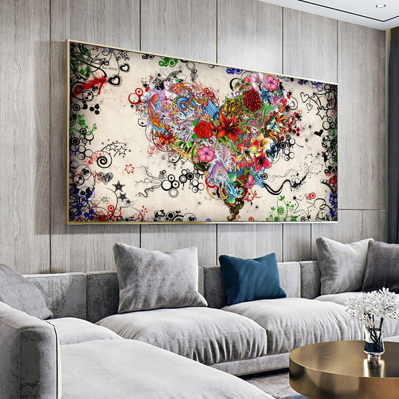 DDHH Wall Art Picture Canvas Print Love Painting Abstract Colorful Heart Flowers Posters For Living Room Home Decoration Picture