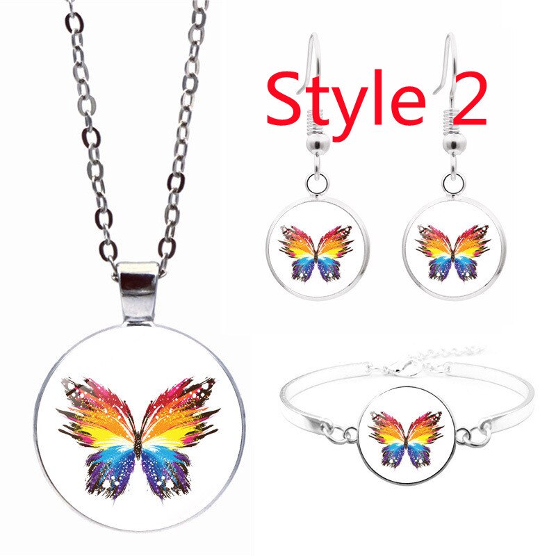 Tile Jewelry Butterfly Glass Cabochon Necklace Stud Earrings Bracelet Bangle Set Totally 4Pcs Tree Celestial Women&