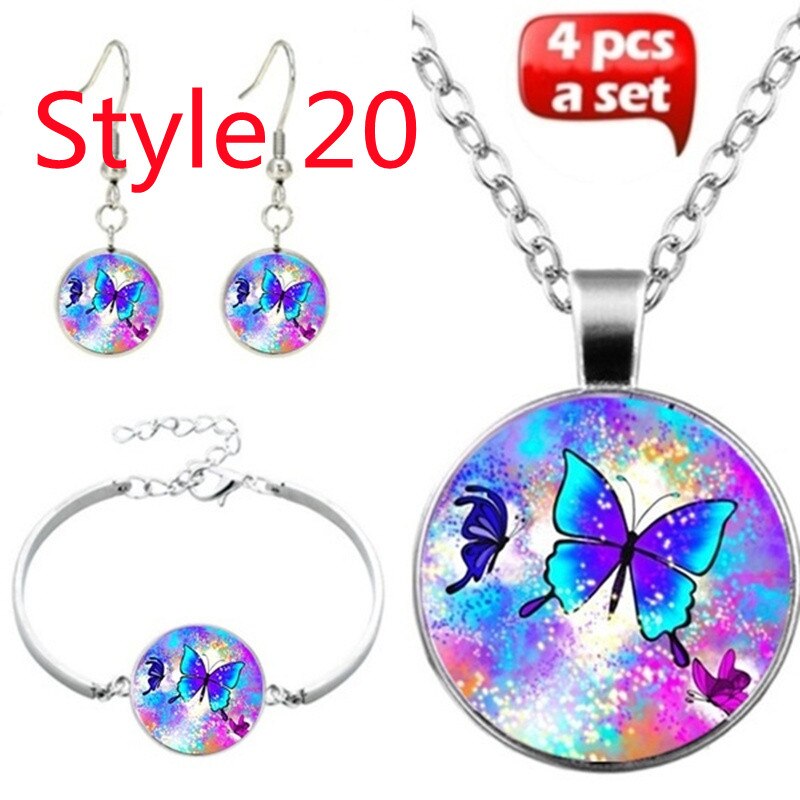 Tile Jewelry Butterfly Glass Cabochon Necklace Stud Earrings Bracelet Bangle Set Totally 4Pcs Tree Celestial Women&