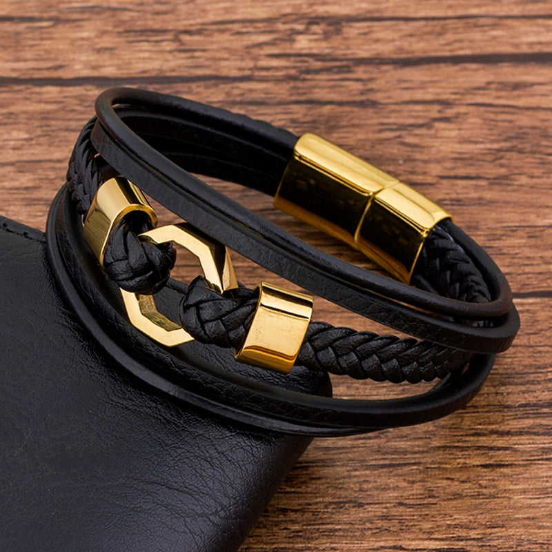TYO Tendy Fashion Luxury Braided Rope Stainless Steel Men Leather Bracelet Gold Color Magnetic Clasp Bangles Jewelry For Father