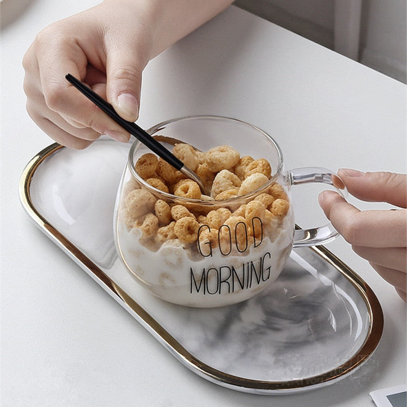 Letter Printed Transparent Creative Glass Coffee Tea Drinks Dessert Breakfast Milk Cup Glass Mugs Handle Drinkware