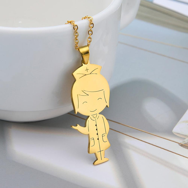 My Shape Doctor Nurse Necklace For Women Stainless Steel Syringe Hollow Cut Out Gold Color Choker Chain Link Pendant Jewelry