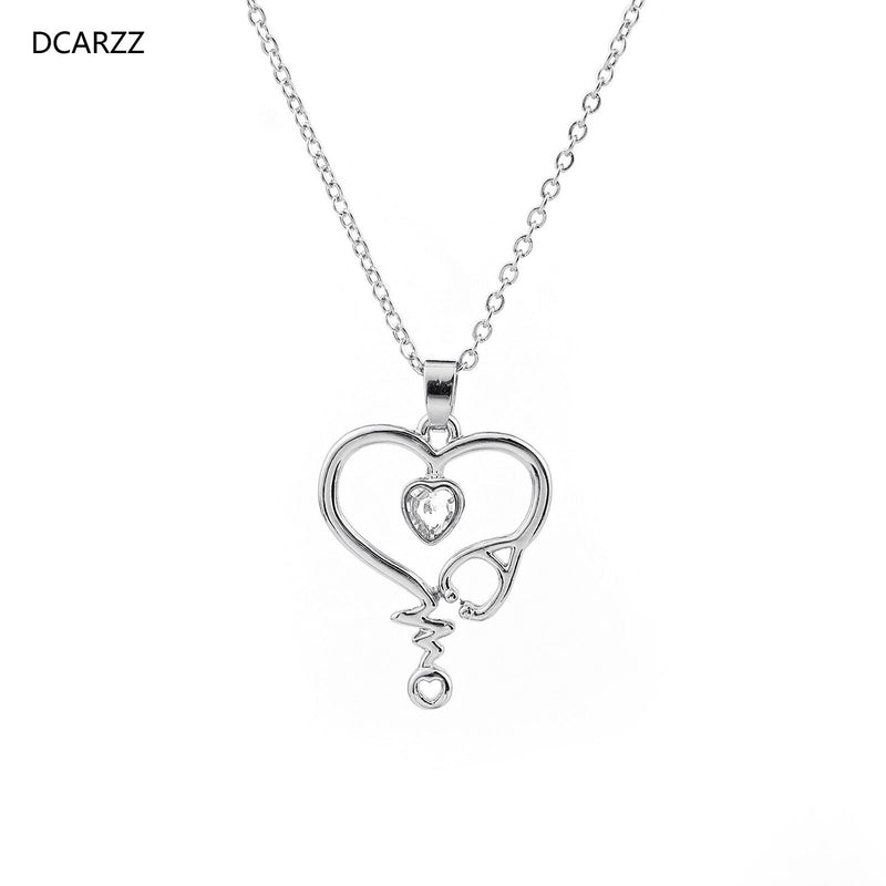 Stethoscope Necklaces Trendy Jewelry Party Silver Plated Crystal Heart Pendant Medical Nurse Necklace Woman Gift - DCARZZ