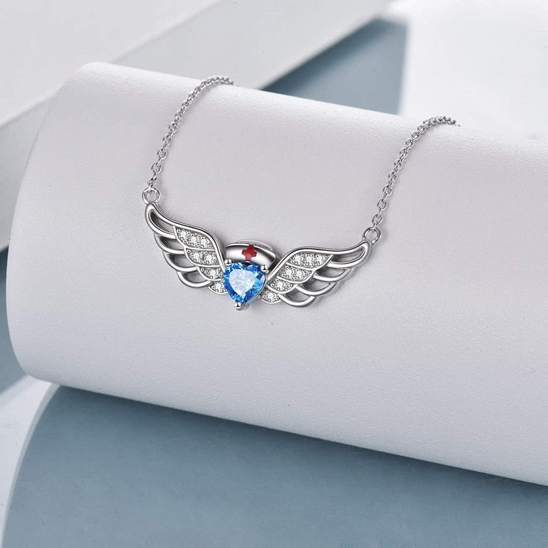 Exquisite White Guardian Angel Lady Necklace Blue Jewelry Strap Angel Wing Doctor Nurse Theme Halloween Christmas Party Gift