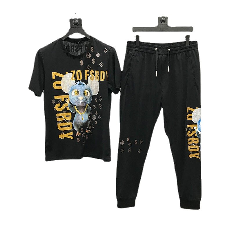 Men Outfit  Set  Summer New Style Korean Hot Diamond Printing Short-sleeved T-shirt Trousers Sports and Leisure Two-piece Suit