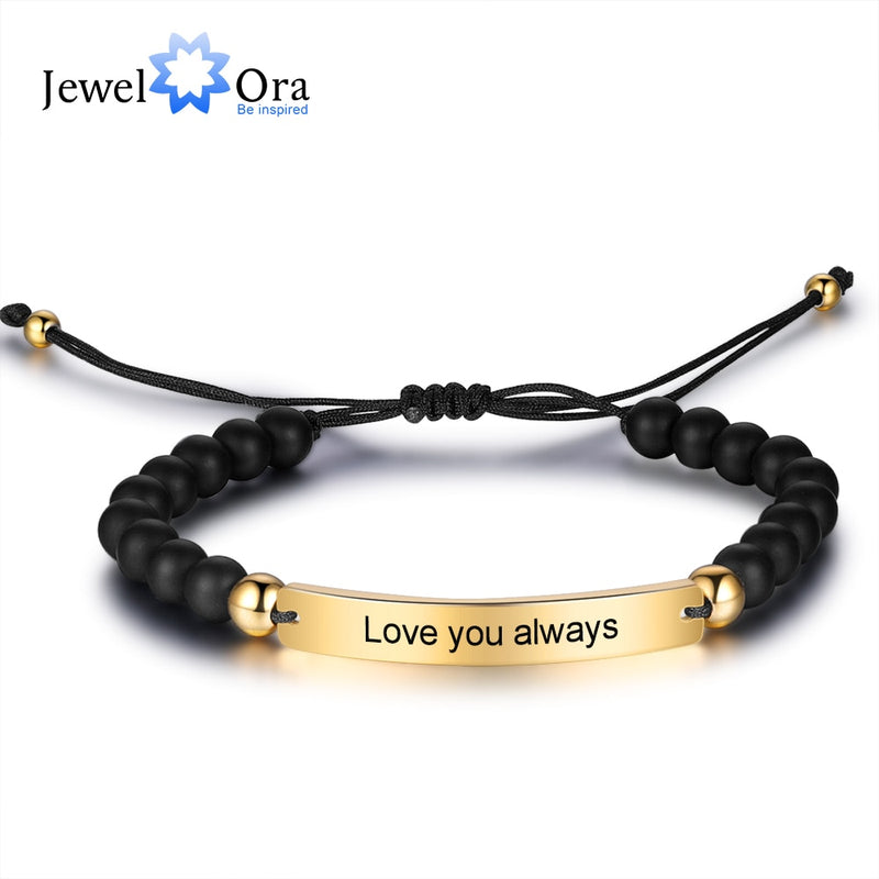 JewelOra Personalized Engraved Bar Bracelets for Men Customize Beaded Adjustable Chain ID Bracelet Jewelry Gifts for Boyfriend