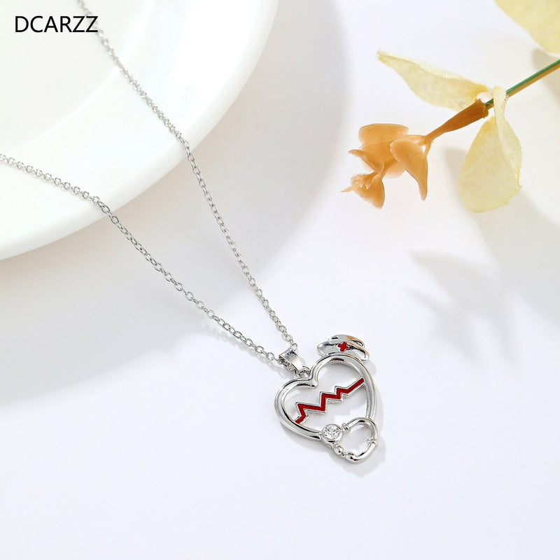 Heart Stethoscope Necklace Fashion Classic Jewelry Party Pendant Silver Plated Crystal Necklace Doctor Nurse Woman Gift - Products DCARZZ