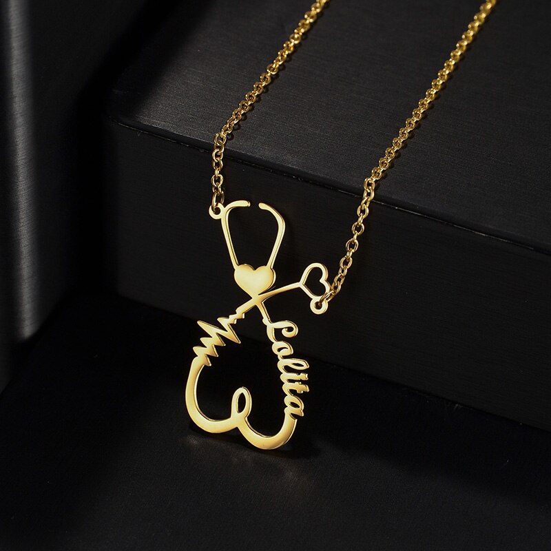 Nextvance Custom Name Necklace Stainless Steel Pendant Personalized Stethoscope Rhinestone Chains Necklace For Women Jewelry Gif