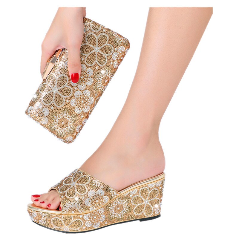 2022 High Quality Summer Ladies Rhinestone Print Decorated High Heel Slippers Fashion Shoe Bag Set For Wedding Party Banquet