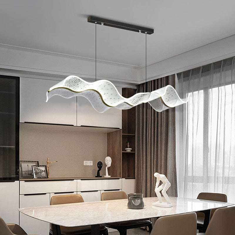 Large Led Acrylic Pendant Light Lamp For Dining Room Kitchen Gold Modern Wave Design Chandeliers Hanging Lights Living Room