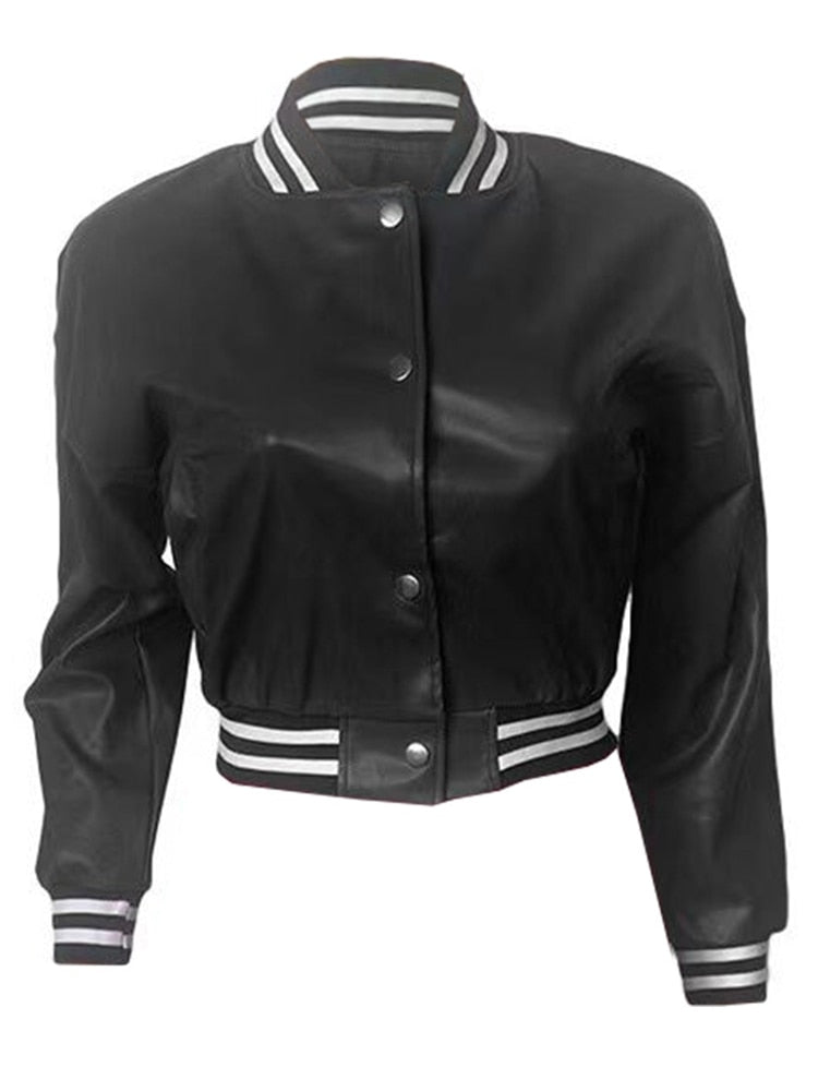 Letter B PU Faux Leather Crop Bomber Coat Ladies Stand Collar Full Sleeve Baseball Jackets Streetwear Button Down Slim Fit Coats