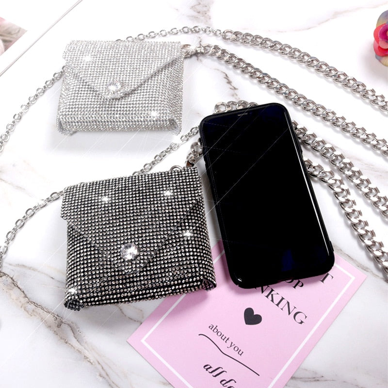 JIOMAY Fanny Pack for Women Luxury Brand Designer Waist Bag 2022 Mini Rhinestone Purse Big Thick Chain Evening Lipstick Belt Bag