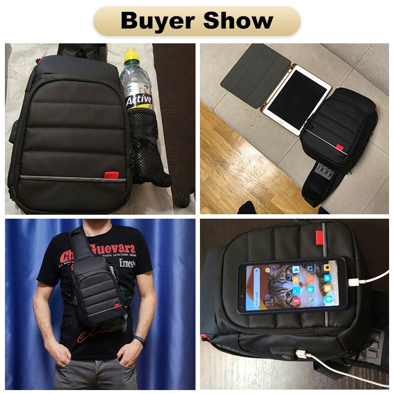 EURCOOL Multifunction Men Chest Bag for 9.7&quot;USB Backpack Charging Messenger Handbags Crossbody Shoulder Sling Male Bags Bolsas