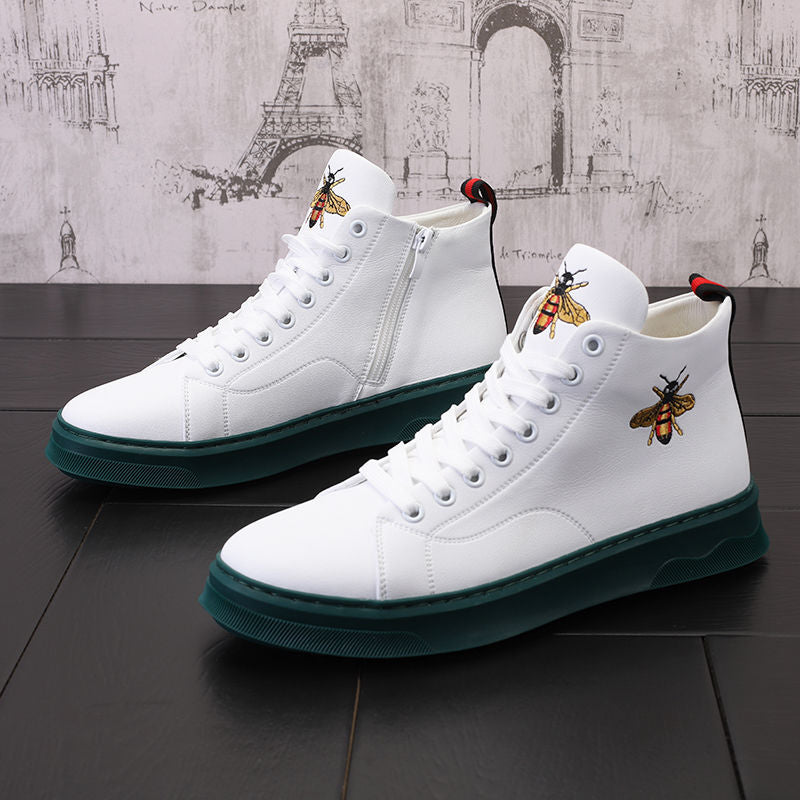 Fashion Men Casual Sneakers Embroidered Bee High-top Shoes Lace-up Leather Ankle Boots Male Skateboard Shoes Basketball Sneakers