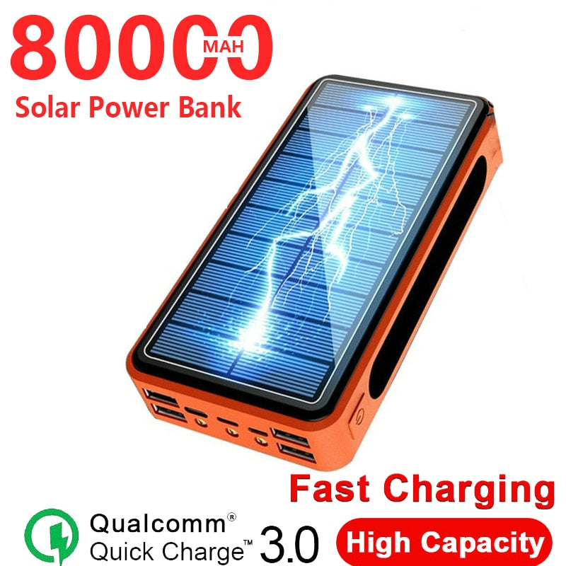 Stay Powered Anywhere with our 80000mAh Wireless Solar Powerbank! Fast Charge your Devices with 4 USB Ports. A Large Capacity Mobile Phone External Battery Poverbank for Smartphones