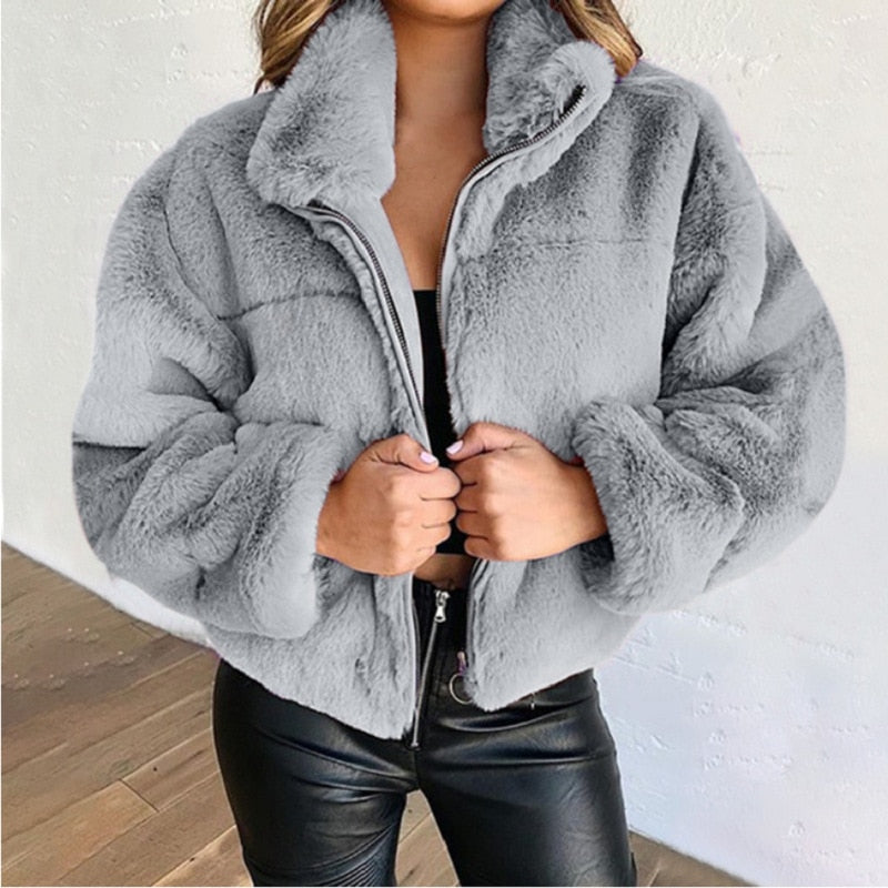 Winter Warm Jacket Women Long Sleeve Zipper Coat Solid Stand Up Collar Outerwear Plush Female Clothes Autumn S- 5XL