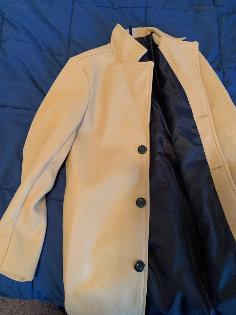 Men Long Cotton Coat 2022 Autumn Winter New Wool Blend Pure Color Casual Business Fashion Slim Windbreaker Jacket Men Clothing