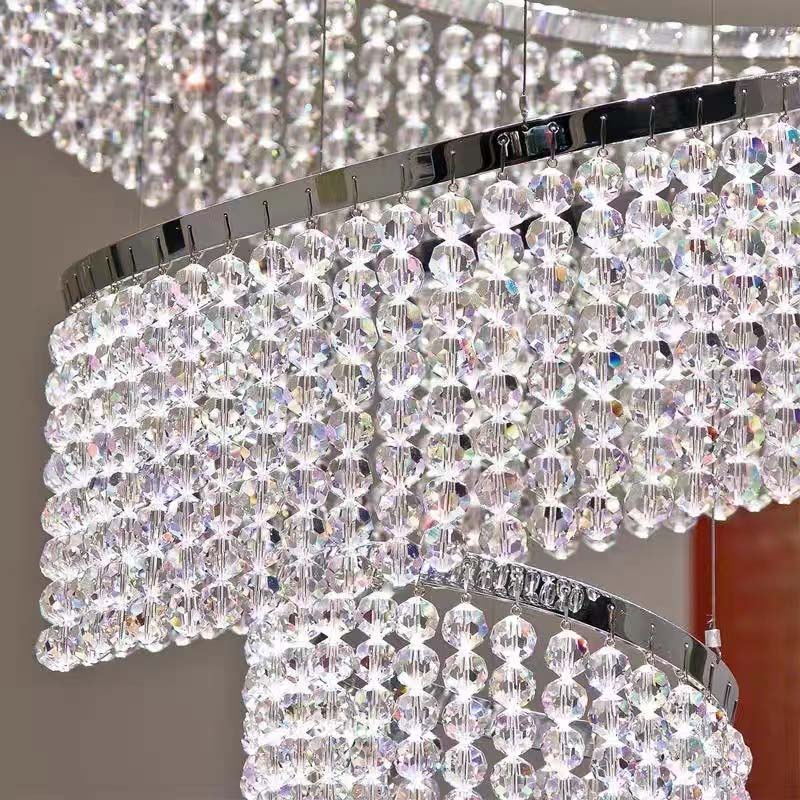 Luxury Staircase Crystal LED Chandelier For Living Room Lobby Large Modern Ring Cristal Hanging Lighting Chrome Long Indoor Lamp
