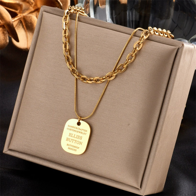 MEYRROYU Double Layer Hollow Thick Clavicle Chain Stainless Steel Gold Plated Necklace For Women Punk Hip-Hop Streetwear Jewelry