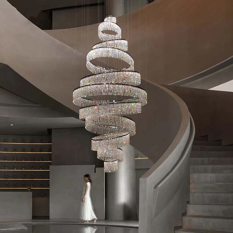 Luxury Staircase Crystal LED Chandelier For Living Room Lobby Large Modern Ring Cristal Hanging Lighting Chrome Long Indoor Lamp