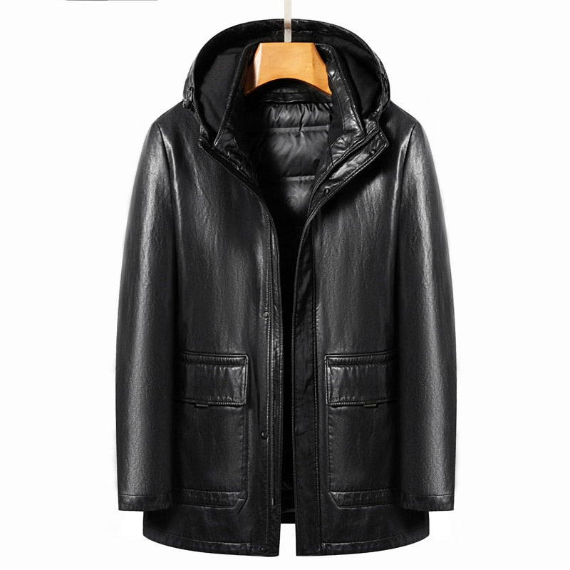 YN-2268 Winter Middle Aged High Grade Men&#39;s Hooded Natural Leather Down Jacket Medium Long Detachable White Duck Down Liner