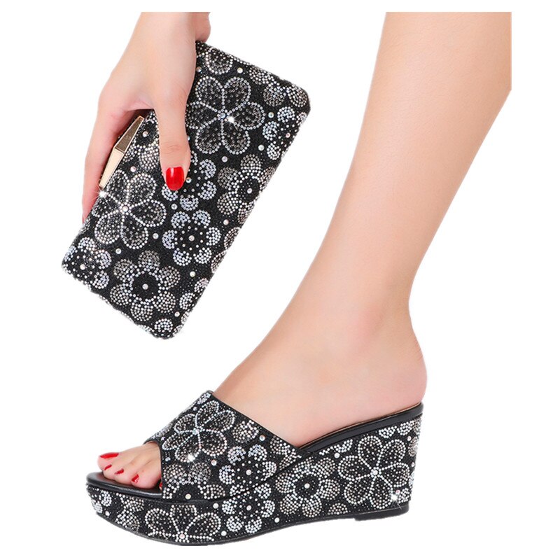 2022 High Quality Summer Ladies Rhinestone Print Decorated High Heel Slippers Fashion Shoe Bag Set For Wedding Party Banquet