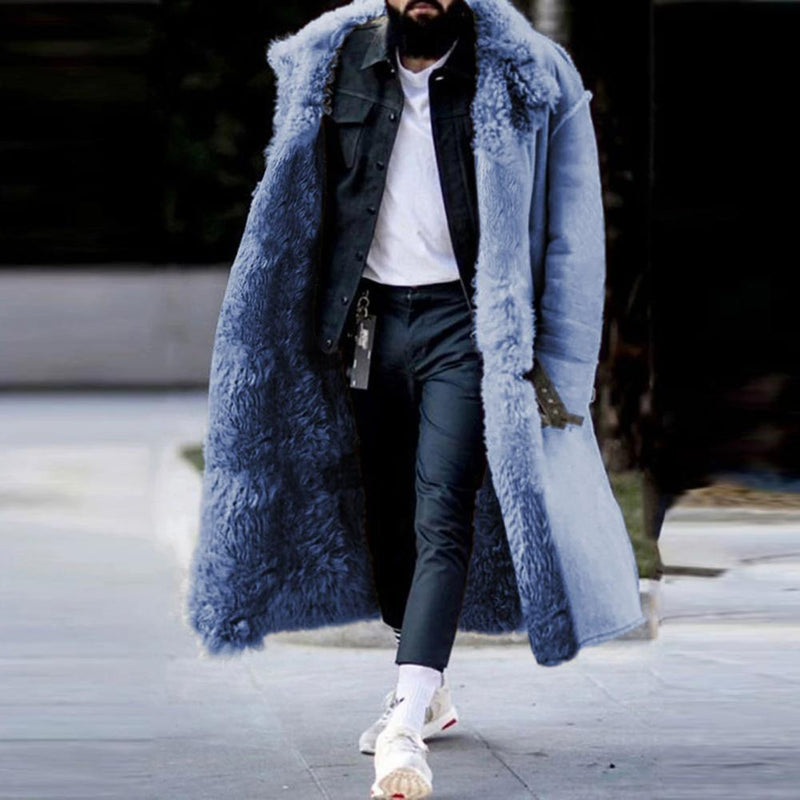 Trendy Men Winter Overcoat Midi Length Men Coat Faux Fur Colorfast Mid-calf Length Winter Overcoat Warm