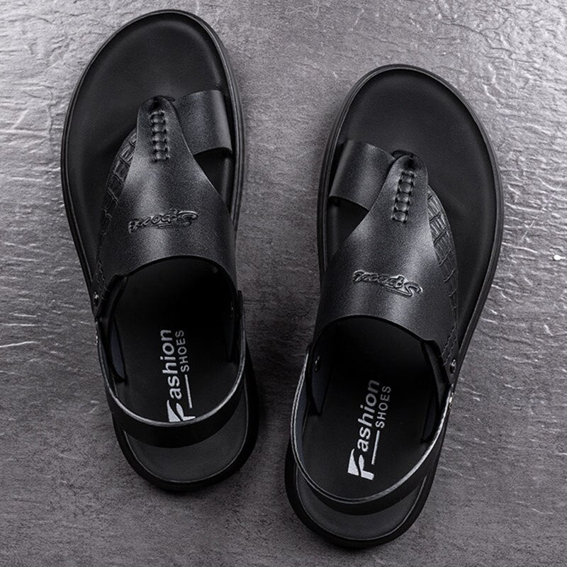 2022 Genuine Leather Summer Shoes Men Sandals Flip Flops Flat Mens Beach Sandals Male Summer Holiday Shoes Black Footwear A4484