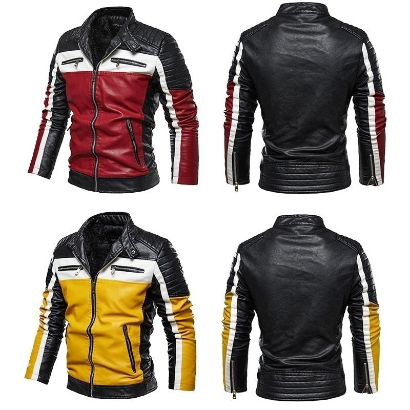 Men Fleece PU Leather Jacket Patchwork Biker Jackets  Casual Zipper Coat Male Motorcycle Jacket Slim Fit Fur Lined Outwear Coat