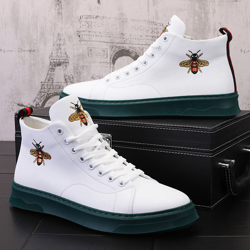 Fashion Men Casual Sneakers Embroidered Bee High-top Shoes Lace-up Leather Ankle Boots Male Skateboard Shoes Basketball Sneakers