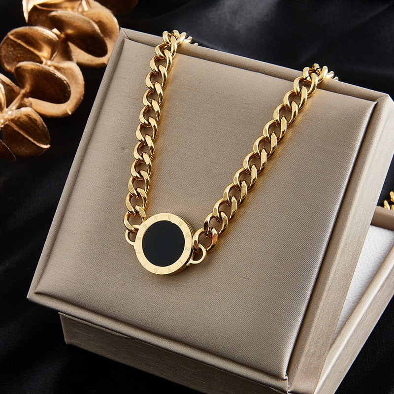 MEYRROYU Double Layer Hollow Thick Clavicle Chain Stainless Steel Gold Plated Necklace For Women Punk Hip-Hop Streetwear Jewelry