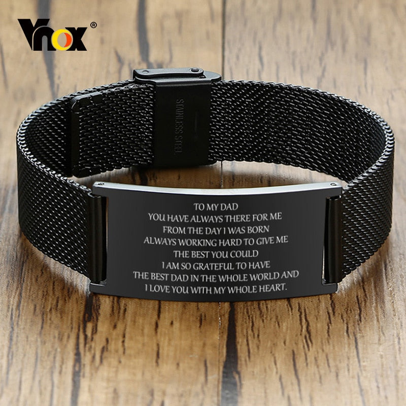 Vnox 20mm TO MY DAD Bracelets for Men, Custom Black Stainless Steel Bangle with Adjustable Watch Band, Father&