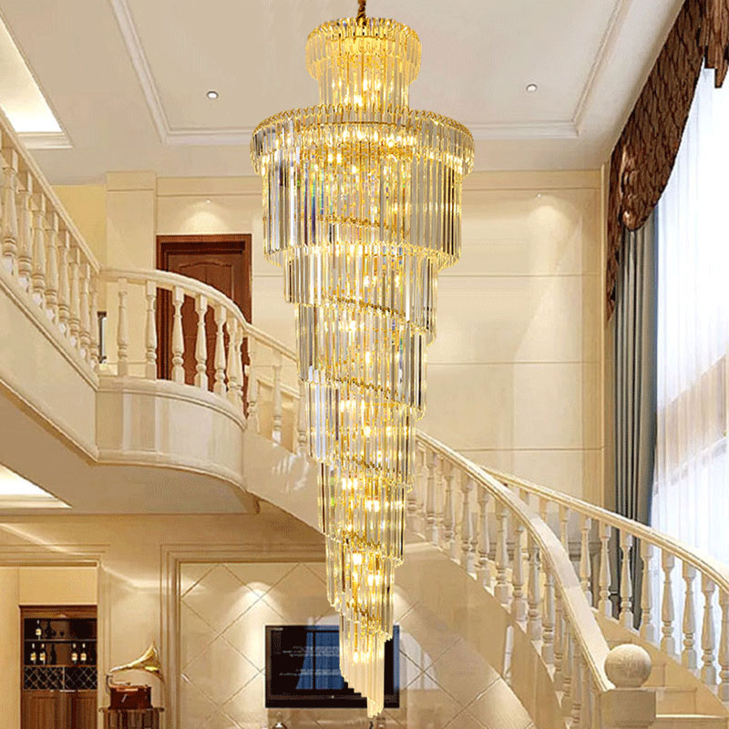 Modern Luxury Staircase LED Chandeliers Gold Crystal Hanging Pendant Light Duplex Building Large Chandeliers For Decoration