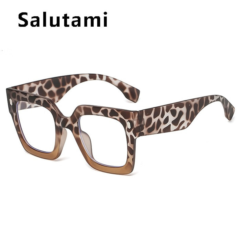 Vintage Oversized Square Anti-blue Light Eyeglasses For Women New Brand Black Leopard Rivet Computer Glasses Frame Female Shades