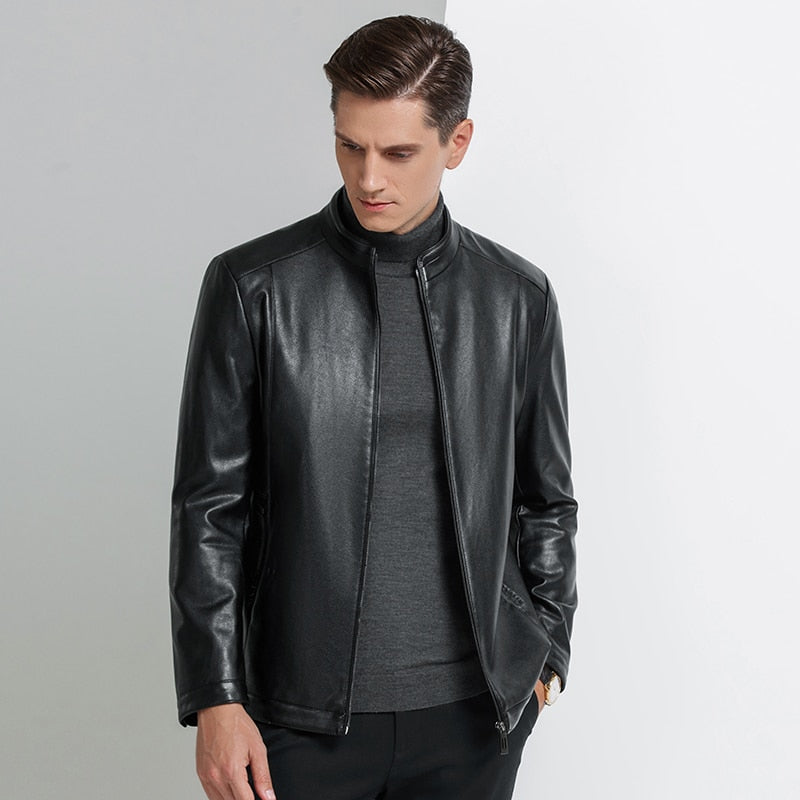 YN-2101 Men&#39;s Stand Collar Natural Sheep Leather Jacket Thin Leather Leather Jacket Men&#39;s Business Casual Jacket