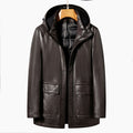 YN-2268 Winter Middle Aged High Grade Men&#39;s Hooded Natural Leather Down Jacket Medium Long Detachable White Duck Down Liner