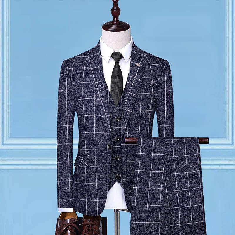 British Style Men Plaid Vest Blazer Pants 3 Pieces Set / Male Fashion High End Slim Wedding Banquet Business Suit Jacket Coat
