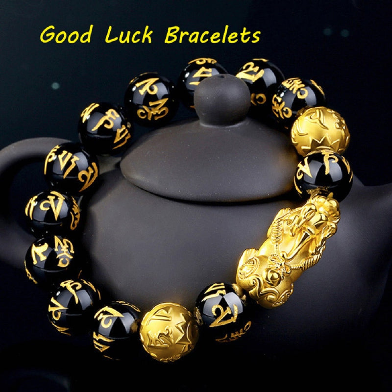 Feng Shui Obsidian Stone Beads Bracelet Men Women Unisex Wristband Gold Black Pixiu Wealth and Good Luck Women Bracelet
