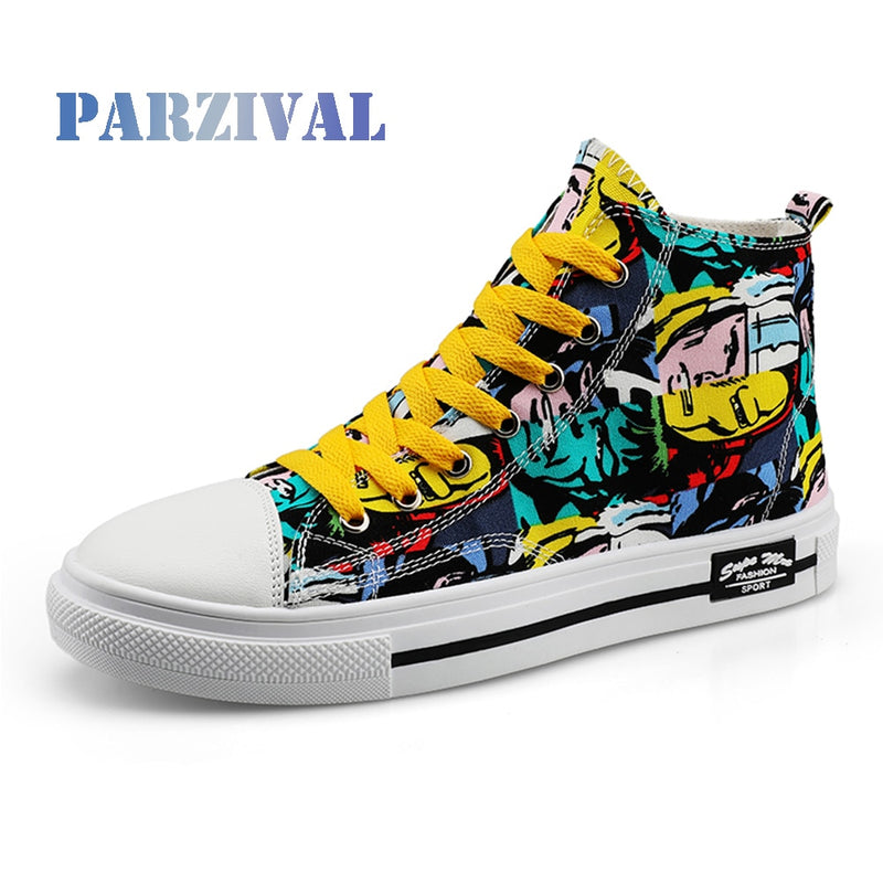 PARZIVAL Fashion Sneakers For Men Women Classic Graffiti Lace-up High top Autumn Canvas Shoes Flat With Camouflage Casual Shoes