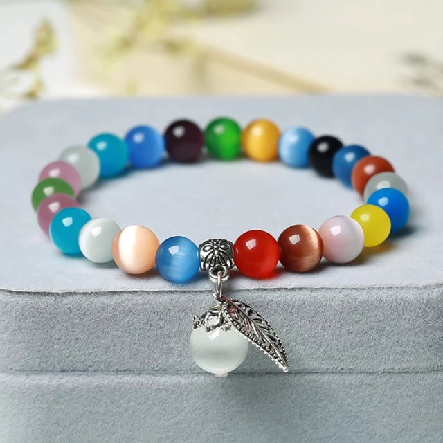 Women Opal Bracelet Natural Stone Smooth Cats Eye Beads Bracelet Cute Leaf Pendant Braclet Jewelry Gift Cat Eye Bracelets Bangle