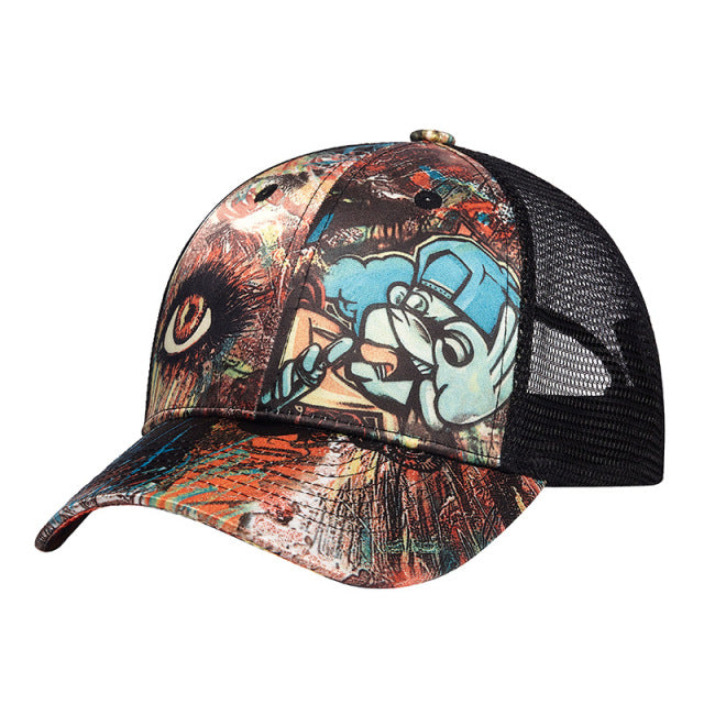 Summer Baseball Mesh Cap Men Eye Pattern Trucker Hat Women Fashion Graffiti Snapback Cap Flat Brim Hip Hop Net Hat Streetwear