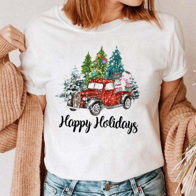 Maycaur Women Leopard Plaid Tree New Year Winter Season Cute Merry Christmas Print Tshirts Top T Shirt Ladies Graphic Female Tee