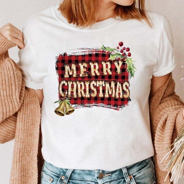 Maycaur Women Leopard Plaid Tree New Year Winter Season Cute Merry Christmas Print Tshirts Top T Shirt Ladies Graphic Female Tee