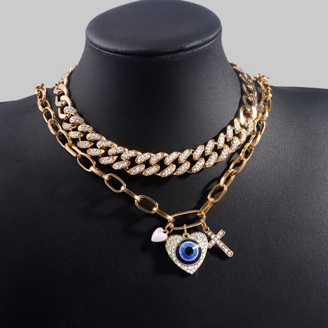 Vintage Turkish Crystal Heart Evil Eyes Cuban Chain Necklace For Women Men Multilayer Gold Color Metal Chain Choker New Jewelry