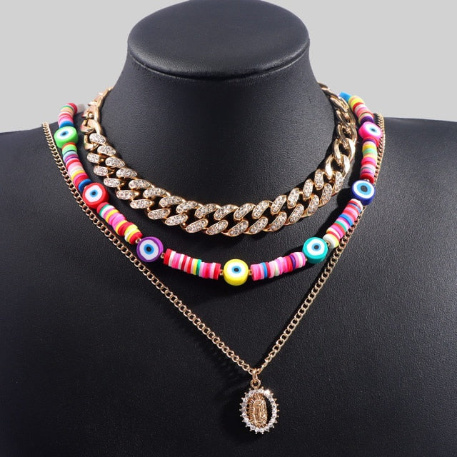 Vintage Turkish Crystal Heart Evil Eyes Cuban Chain Necklace For Women Men Multilayer Gold Color Metal Chain Choker New Jewelry