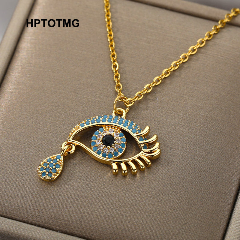 Vintage Colorful Zircon Evil Eye Necklace for Women Men Stainless Steel Gold Chain Turkish Eye Pendant Choker Necklace Jewelry