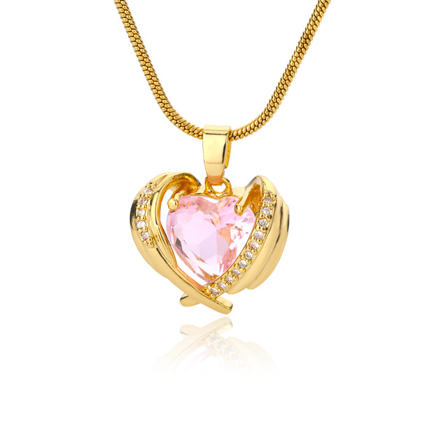 Cute Pink Love Heart Crystal Pendant Necklace for Women Stainless Steel Gold Choker Chain Necklace One Piece Jewelry Party Gifts