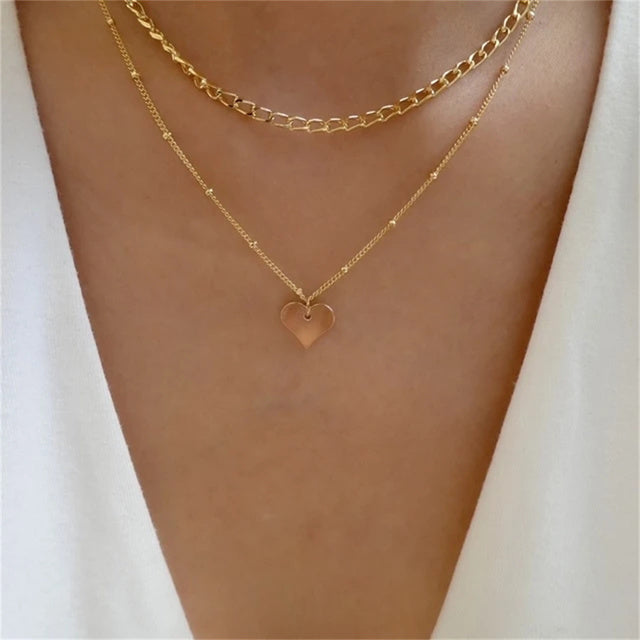 MAA-OE Fashion Gold Heart-Shaped Necklace For Women Girls Multilayer Geometric Hollow Heart Necklace Jewelry Party