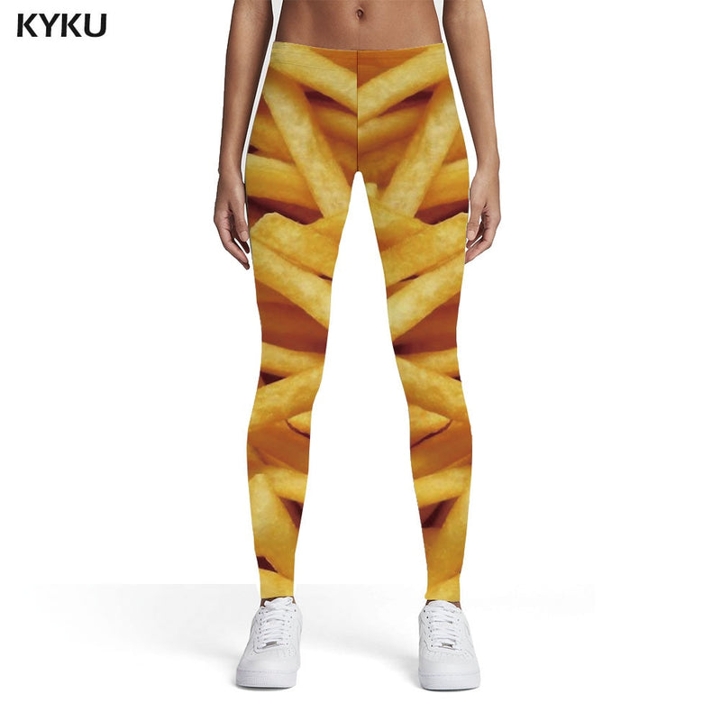 KYKU French Fries Leggings Women Food 3d Print  Yellow Elastic Street Trousers Womens Leggings Pants Casual Jeggins Skinny